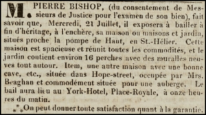 Pierre Bishop advertised the sale of his town house in Chronique de Jersey in 1830