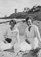 Elizabeth Le Mottee and Elsie Saunders on the beach at La Rocque in 1920