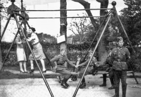 A propaganda photograph of islanders and Germans