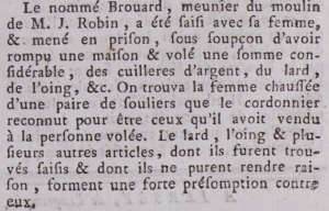 1787 Gazette de l'Ile de Jersey of Brouard couple arrested for breaking and entering and theft of 'a considerable sum', silver spoons, etc