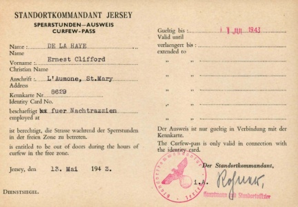 A curfew pass issued to Ernest de La Haye during the Occupation as a member of the Honorary Police [2]