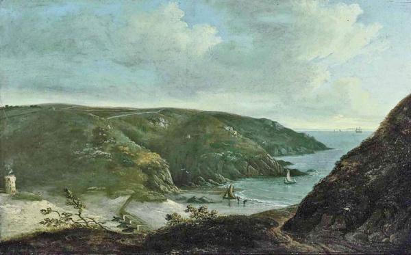 An oil painting of Greve de Lecq by English landscape artist John Tobias Young. This is one of several works undertaken during a visit to the island in 1815. The dark foreground was very much in Young's style, although more sombre and featureless than usual. Look down into the valley, however, and the detail is fascinating and of historic importance. A battery of