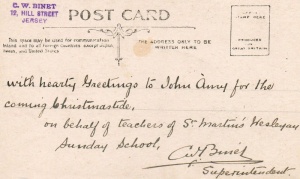 A Christmas greeting for John Amy, a pupil at St Martin Wesleyan Sunday School from the Superintendent, C W Binet. Date unknown